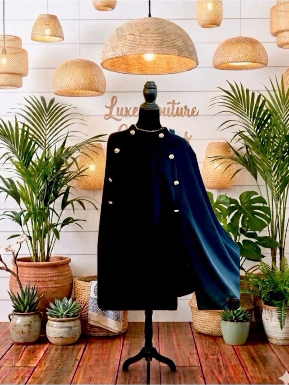 Black Cape W/Slits On Sides & Gold Buttons